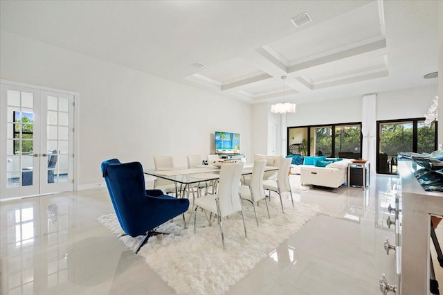 dining area with visible vents, beam ceiling, french doors, a notable chandelier, and coffered ceiling