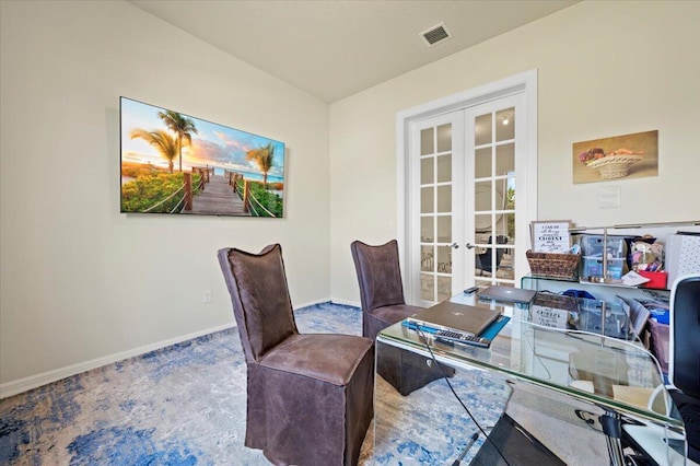 carpeted home office with french doors, baseboards, and visible vents