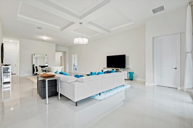 living area with visible vents, beamed ceiling, coffered ceiling, light tile patterned flooring, and baseboards