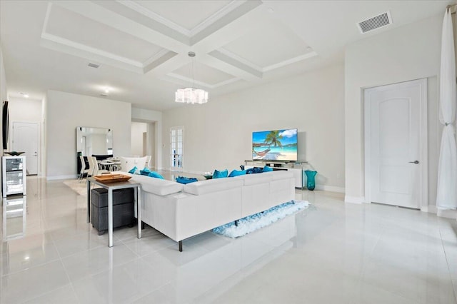 living area with visible vents, beam ceiling, coffered ceiling, light tile patterned floors, and baseboards