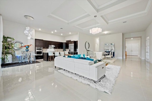 living room featuring baseboards, beamed ceiling, recessed lighting, a notable chandelier, and coffered ceiling