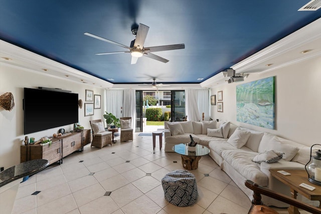 700 NE 20th Ln, Boynton Beach, FL 33435 - living area with visible vents, ornamental molding, a ceiling fan, a tray ceiling, and light tile patterned floors