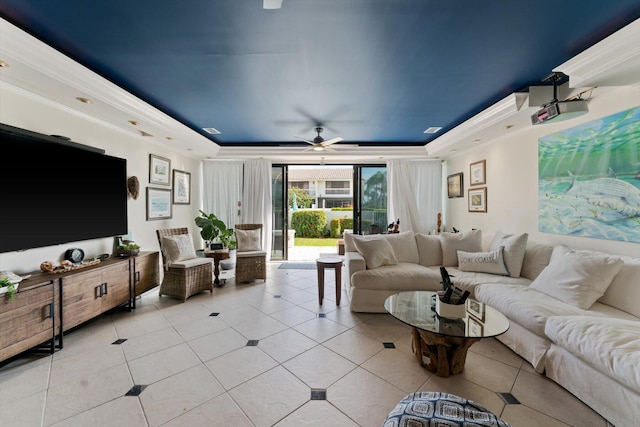 700 NE 20th Ln, Boynton Beach, FL 33435 - living room with a raised ceiling, light tile patterned floors, and crown molding