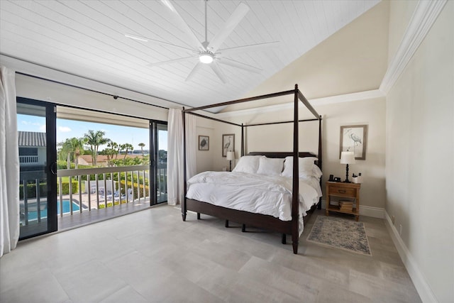 700 NE 20th Ln, Boynton Beach, FL 33435 - bedroom with access to exterior, ceiling fan, baseboards, and vaulted ceiling