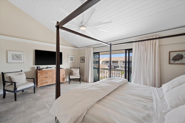 700 NE 20th Ln, Boynton Beach, FL 33435 - bedroom with light wood finished floors, ceiling fan, wood ceiling, vaulted ceiling, and access to outside