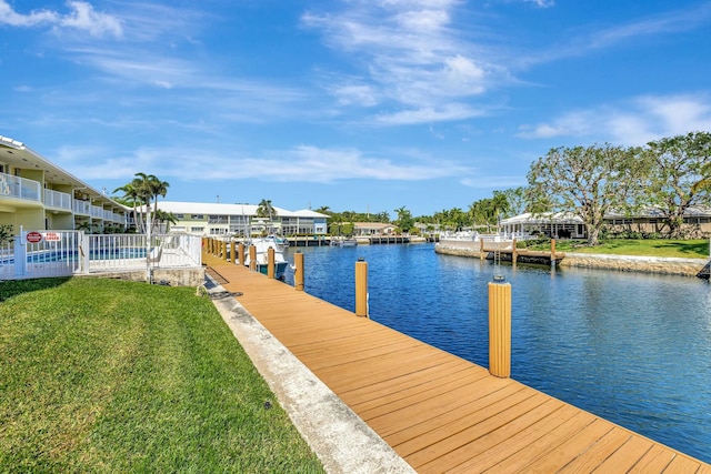 dock area with a lawn, fence, and a water view