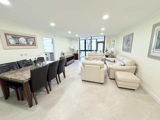 7365 NW 18th St Unit 107, Margate, FL 33063 - living room featuring crown molding, recessed lighting, and baseboards