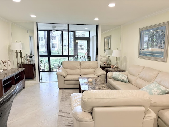 7365 NW 18th St Unit 107, Margate, FL 33063 - living room featuring floor to ceiling windows, ornamental molding, light tile patterned floors, and recessed lighting