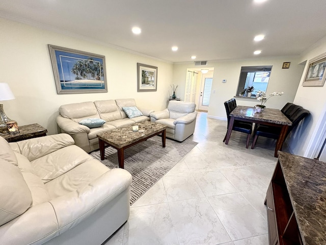 7365 NW 18th St Unit 107, Margate, FL 33063 - living room with recessed lighting, crown molding, and light marble finish flooring