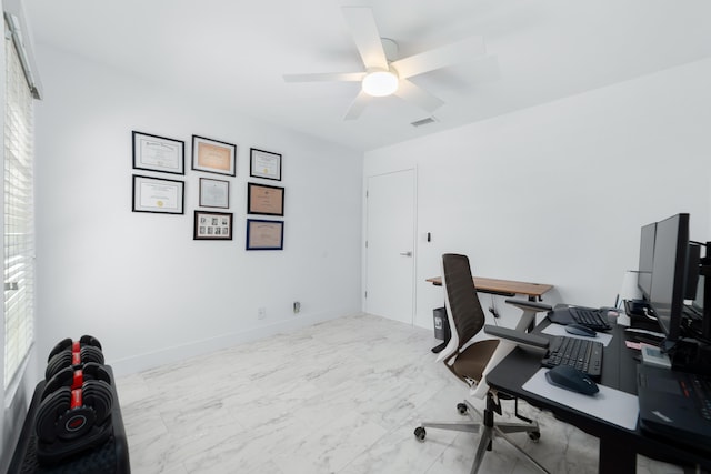 6438 Pointe Pleasant Cir, Delray Beach, FL 33484 - home office with a ceiling fan and marble finish floors