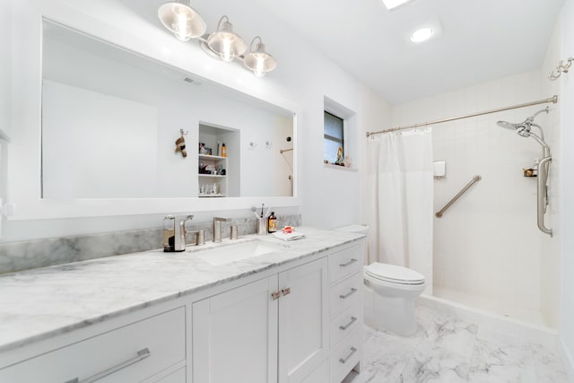 6438 Pointe Pleasant Cir, Delray Beach, FL 33484 - bathroom with vanity, toilet, marble finish floors, and tiled shower
