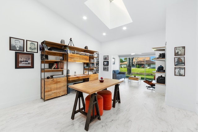 6438 Pointe Pleasant Cir, Delray Beach, FL 33484 - dining space featuring high vaulted ceiling, a skylight, baseboards, light marble finish floors, and recessed lighting