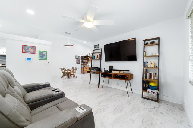 6438 Pointe Pleasant Cir, Delray Beach, FL 33484 - living room featuring a ceiling fan, marble finish floors, lofted ceiling, and baseboards