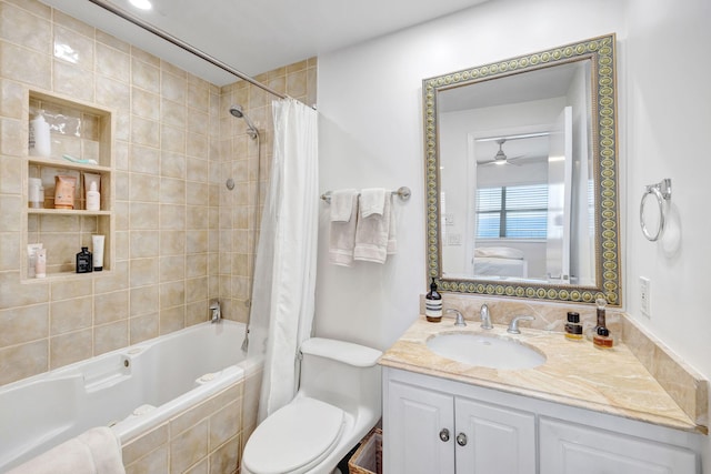 ensuite bathroom featuring toilet, shower / bath combo with shower curtain, vanity, ensuite bath, and a ceiling fan