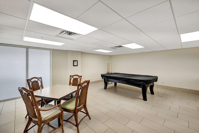 game room featuring visible vents, a paneled ceiling, baseboards, and pool table