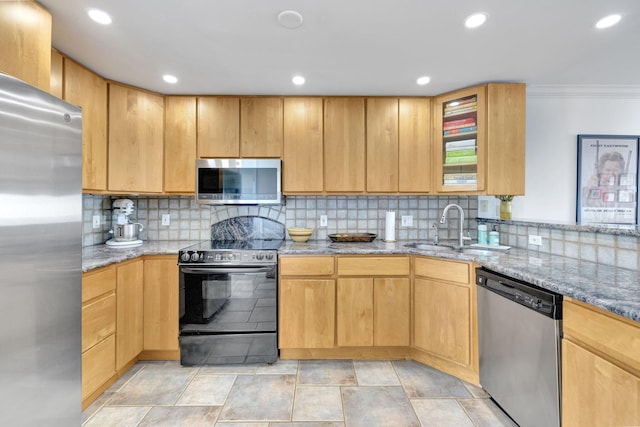 3101 S Ocean Blvd Unit 1002, Highland Beach, FL 33487 - kitchen with appliances with stainless steel finishes, a sink, light stone countertops, tasteful backsplash, and recessed lighting