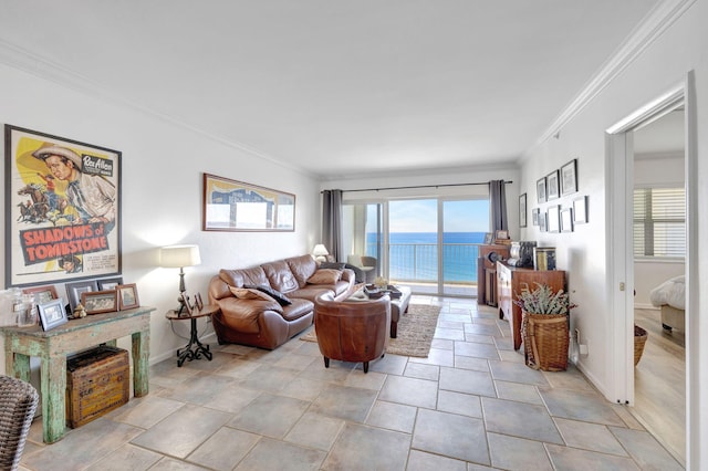 3101 S Ocean Blvd Unit 1002, Highland Beach, FL 33487 - living area with light stone finish floors, baseboards, ornamental molding, and a water view