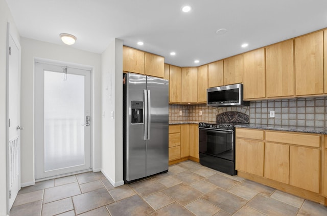 3101 S Ocean Blvd Unit 1002, Highland Beach, FL 33487 - kitchen with stainless steel appliances, decorative backsplash, light brown cabinetry, dark stone countertops, and recessed lighting