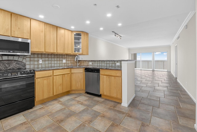 3101 S Ocean Blvd Unit 1002, Highland Beach, FL 33487 - kitchen featuring appliances with stainless steel finishes, ornamental molding, a peninsula, a sink, and backsplash