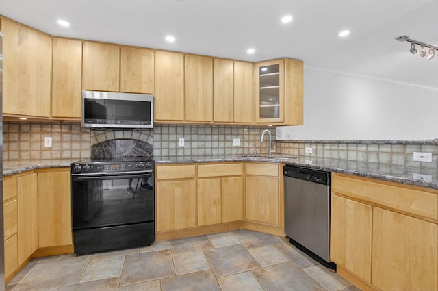 3101 S Ocean Blvd Unit 1002, Highland Beach, FL 33487 - kitchen featuring appliances with stainless steel finishes, a sink, light brown cabinetry, crown molding, and stone countertops
