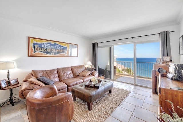 living area with a water view and crown molding