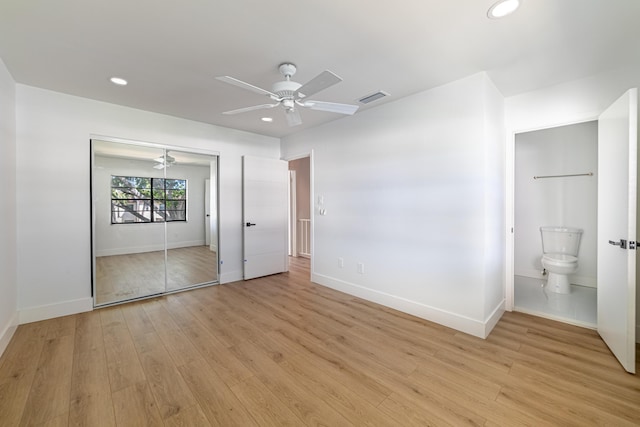 unfurnished bedroom with recessed lighting, visible vents, baseboards, and light wood-style flooring