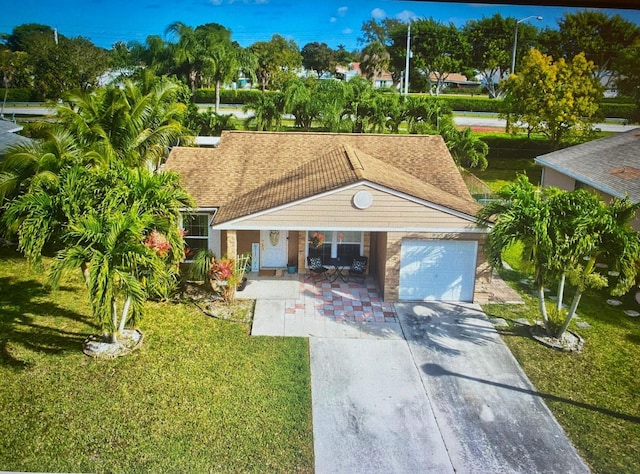 view of front of home with driveway, an attached garage, a front lawn, and a shingled roof