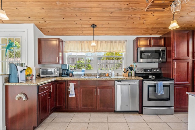 kitchen with dark brown cabinets, wood ceiling, light tile patterned flooring, stainless steel appliances, and a sink