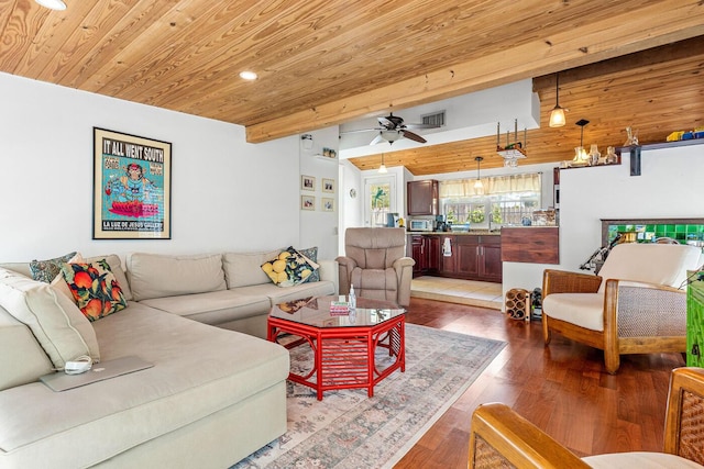 living area with visible vents, recessed lighting, wooden ceiling, light wood finished floors, and ceiling fan