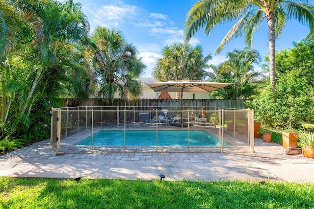 view of swimming pool featuring a fenced in pool, a patio, and fence