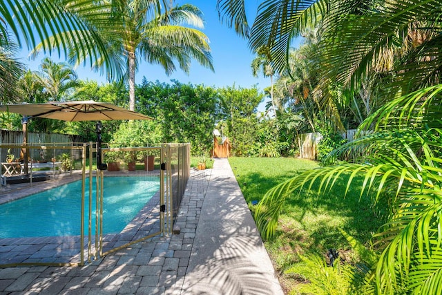 pool with a patio, a fenced backyard, and a lawn