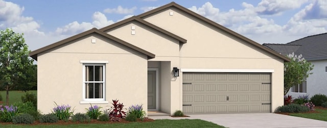 view of front of home with concrete driveway, an attached garage, and stucco siding