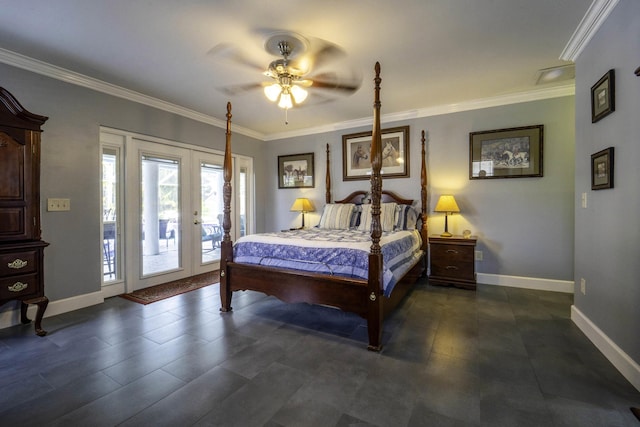 bedroom featuring access to exterior, crown molding, baseboards, french doors, and a ceiling fan