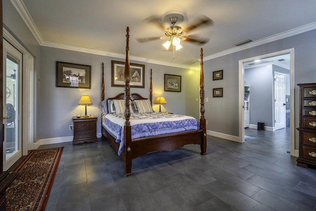 bedroom with visible vents, a ceiling fan, baseboards, and ornamental molding