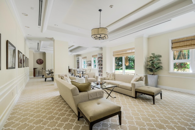 living area with recessed lighting, light colored carpet, baseboards, and a tray ceiling