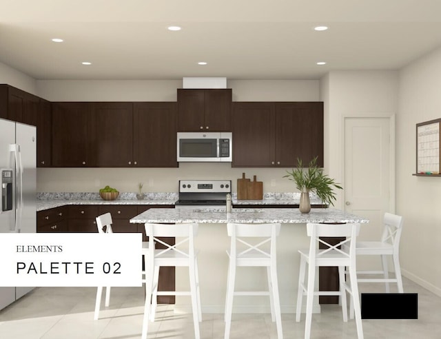 kitchen featuring recessed lighting, stainless steel appliances, dark brown cabinetry, and an island with sink