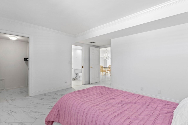 2000 S Ocean Blvd Unit 301, Delray Beach, FL 33483 - bedroom featuring baseboards, marble finish floor, ornamental molding, and an inviting chandelier