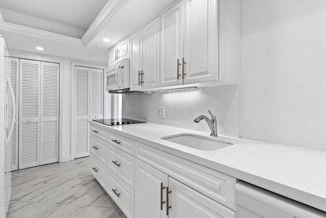 2000 S Ocean Blvd Unit 301, Delray Beach, FL 33483 - kitchen with a sink, white microwave, marble finish floor, and white cabinetry