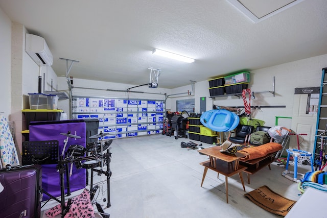 garage featuring electric panel, a garage door opener, concrete block wall, and a wall unit AC