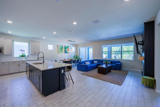 kitchen with light countertops, open floor plan, a wealth of natural light, and a sink