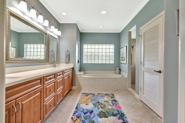 full bath with double vanity, recessed lighting, a sink, crown molding, and a garden tub