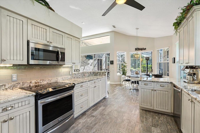 kitchen with wood finished floors, a peninsula, appliances with stainless steel finishes, decorative backsplash, and vaulted ceiling