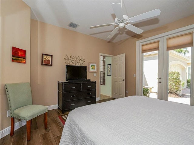 bedroom with visible vents, access to outside, dark wood-style floors, french doors, and baseboards