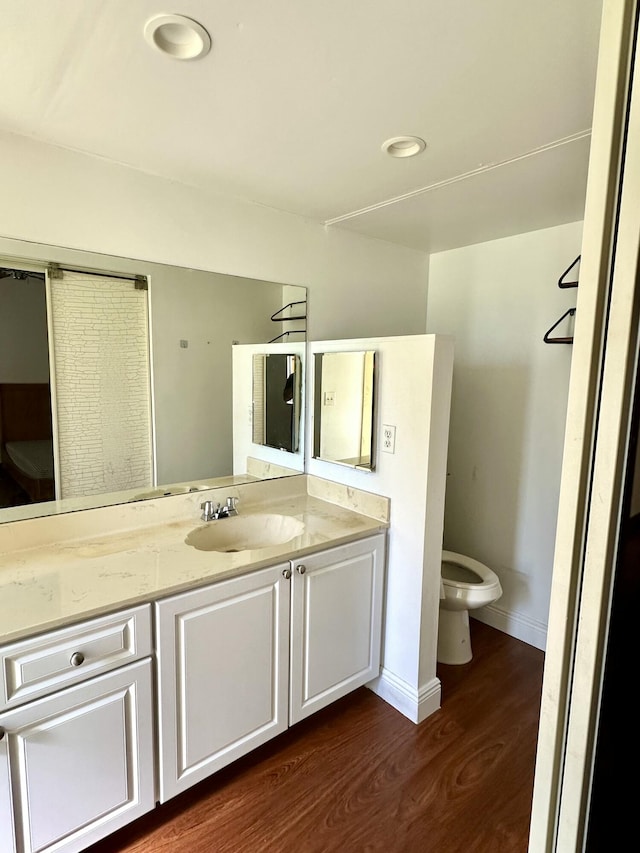 bathroom featuring toilet, vanity, baseboards, and wood finished floors