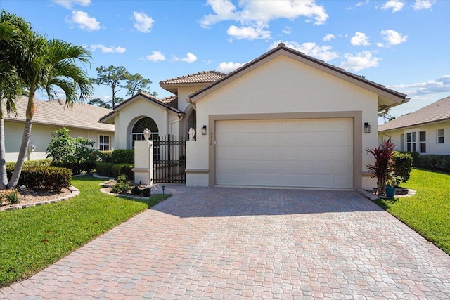 view of front facade with stucco siding, decorative driveway, a front lawn, and an attached garage