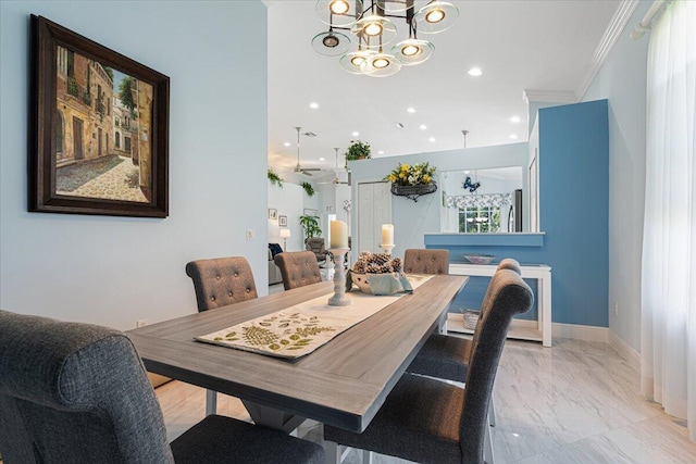 dining space featuring marble finish floor, recessed lighting, an inviting chandelier, crown molding, and baseboards