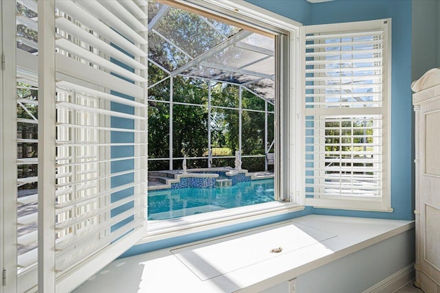 interior space with a pool with connected hot tub