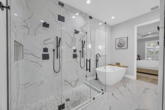 ensuite bathroom featuring a marble finish shower, marble finish floor, ensuite bathroom, and visible vents