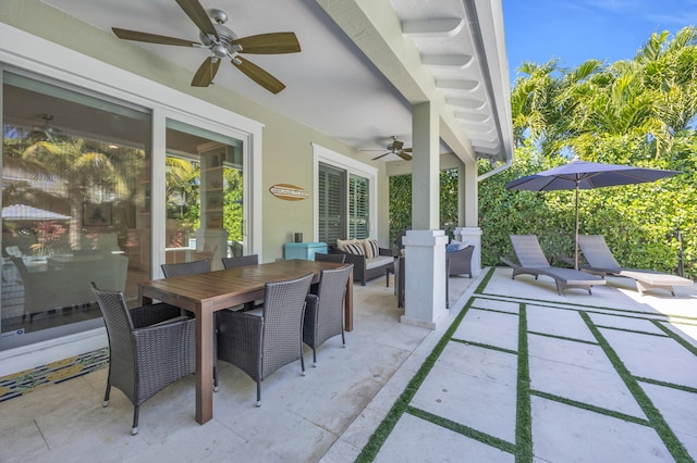 view of patio with outdoor dining space, outdoor lounge area, and ceiling fan