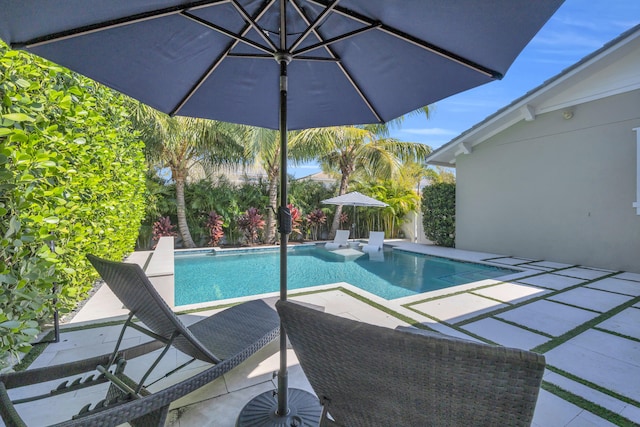 view of swimming pool featuring a fenced in pool and a patio